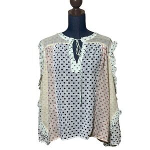 Dor Dor coutre cream sheer polka dot ruffle tie front blouse Size 2XL